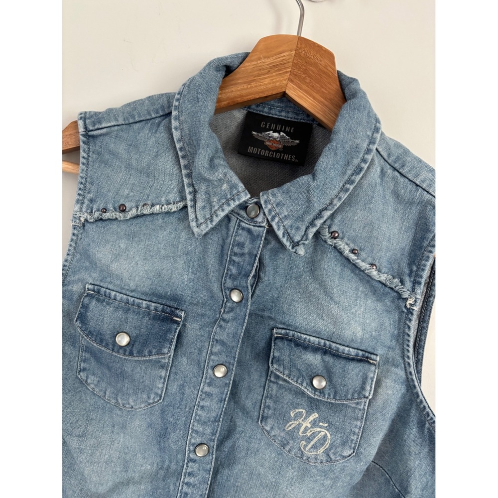 Harley Davidson Womens Denim Vest Light Wash American Flag Studded Frayed small - Picture 2 of 11